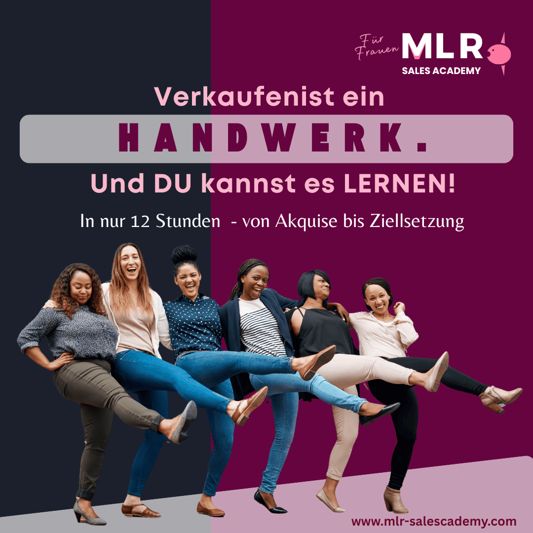 6 lachende Frauen in Reihe stehend, eingehakt, alle heben das rechte Bein. Beschwingte Energie